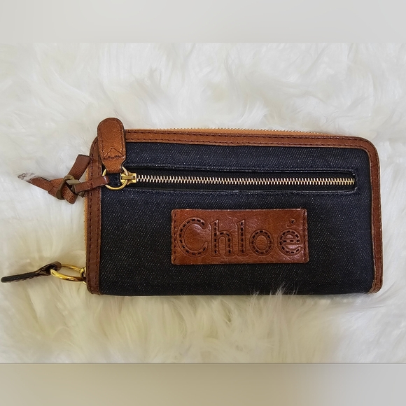 Chloe Handbags - Chloé Denim Long Wallet Leather Navy Brown Round Zip